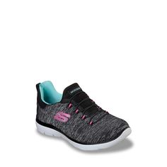 Sport a cool and trendy look with these women's Skechers black Summits - Quick Getaway sneakers. Designed using a heathered jersey knit mesh upper, these slip on sneakers feature a stretchy bungee laced instep panel, a padded collar and tongue, fabric lining, a Memory Foam insole, an impact-attenuating midsole and a supple outsole for excellent traction. Great news - these shoes are machine washable! | Skechers Women's Summits - Quick Getaway Sneaker in Black Size 6 Medium Casual Gray Sneakers For Light Exercise, Comfortable Black Sneakers For Light Sports, Comfortable Black Athleisure Running Shoes, Sports Sneakers With Cushioned Stretch Footbed, Sporty Stretch Slip-on Sneakers For Sports, Casual Stretch Sneakers For Sports, Casual Stretch Sneakers For Running, Casual Stretch Lace-up Sneakers, Sporty Slip-on Sneakers With Elastic Laces For Light Sports