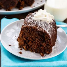 a piece of chocolate cake on a plate with a fork and glass of milk in the background