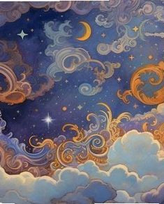 an artistic painting of clouds and stars in the night sky