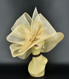 "✿*.Key Features: 100% high quality Sinamay woven material, wide brim with Jumbo bows. It's more beautiful in person! Light and comfortable! Great for Kentucky derby, weddings, Royal Ascot, horse races, cocktails, tea party, or any hat wearing occasion. Hat base size: From front to back appr: 20.5\" (52cm) From left to right appr: 21.25\" (54cm) Wide brim Appr: 7~8\" Head girth: 22.5\" (57cm) , adjustable string inside to make smaller to fit your head. If you want other colors in this style, jus Gold Wide Brim Straw Hat For Kentucky Derby, Gold Wide-brim Straw Hat For Kentucky Derby, Elegant Hat With Structured Crown In Natural Color, Elegant Natural Hat With Structured Crown, Elegant Gold Panama Hat With Short Brim, Gold Brimmed Straw Hat For Kentucky Derby, Gold Brimmed Sun Hat For Kentucky Derby, Gold Wide Brim Costume Hat For Parties, Elegant Natural Panama Hat