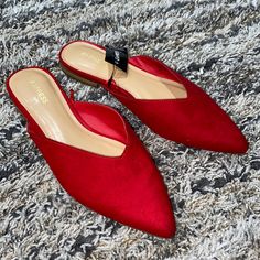 Nwt Express Red Slides Pointed Toe Flats Sz 6 Red Synthetic Flats With Flat Heel, Red Synthetic Flats, Red Casual Synthetic Flats, Casual Red Synthetic Flats, Red Pointed Toe Flats With Red Sole, Red Flats With Red Sole For Fall, Red-soled Flats For Fall, Red Slides, Pointed Toe Flats