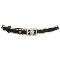 - Vintage 90s Gianni Versace black satin and rhinestone trim with silver medusa buckle closure belt. - Made in Italy. - Size 75/30. Dj Photos, Versace Vintage, Satin Noir, Silver Belt Buckle, Versace Brand, Rhinestone Belt, Suede Belt, Designer Belt