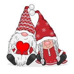 two gnomes sitting next to each other wearing red and white hats with hearts in their hands