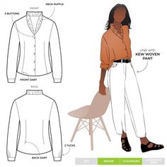 a woman's shirt and pants are shown with the measurements for each item in this drawing