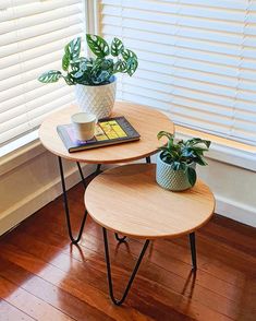 two small tables with plants on them in front of a window, one has a book and the other is a magazine