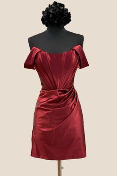 Burgundy Tight Homecoming Dress 2024 Off-shoulder Stretch Satin Dresses, Stretch Satin Off-shoulder Dresses, Fitted Satin Finish Dress For Gala, Elegant Off-shoulder Fitted Satin Dress, Fitted Satin Finish Cocktail Dress, Satin Stretch Dress With Back Zipper, Ruched Fitted Corset Dress, Fitted Satin Finish Dress, Fitted Evening Dress With Boned Bodice And Sweetheart Neckline