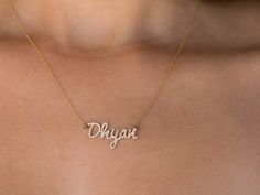 Fabulous 14K Gold and real White diamonds personalized name necklace, The most popular and loved custom jewelry made just for you.✤ Please contact us if you would like to see an illustration of the name of your choosing on the necklace FREE of charge.This unique piece makes a wonderful push present or gift for any mom, sister, girlfriend or wife! **Please select total chain length 16.5"/17.7"- write on "note to seller" (our default length if not told otherwise is 17.7")**Please select number of Personalized Diamond Necklace For Anniversary Gift, Diamond Nameplate Necklace With Diamond Accents, Diamond Accent Nameplate Necklace, Personalized Diamond Nameplate Jewelry, Customized White Gold Diamond Necklace, Custom Name Diamond Nameplate Jewelry, Luxury Diamond Engraved Name Necklace, Customized Diamond Jewelry For Personalized Gifts, Diamond Nameplate Necklaces