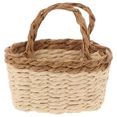 a woven basket with rope handles on a white background