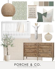 the interior design board for a nursery room with neutrals and green accents, including a crib