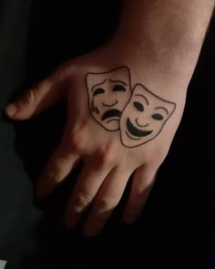 a person's hand with two masks painted on it