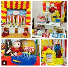 a bunch of balloons and decorations for a circus themed birthday party with monkeys, clowns, lollipops, candy