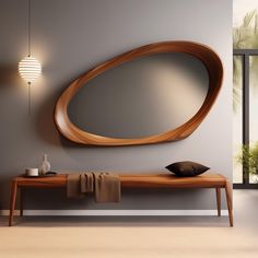 a wooden bench sitting under a large mirror