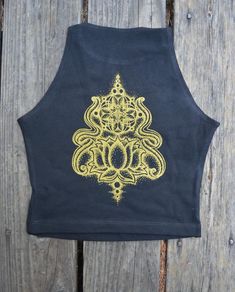 Black Fitted Crop Top - Glow in the Dark Swirl Mandala and Gold Lotus Flower Design - Yoga Crop Top Swirl Mandala, Lotus Flower Images, Sacred Geometry Clothing, Gold Lotus Flower, Fitted Crop Top, Festival Crop Tops, Yoga Crop Tops, Lotus Flower Design, Gold Lotus