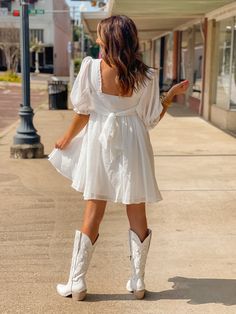 Chiffon metallic mini dress, with puff sleeves Fabric Contents : 100% POLY Short Bride Dress, Bride Dress White, Short Bride Dresses, White Cowboy Boots Outfit, White Dress Bride, Feel My Love, Short Bride, Metallic Mini Dress, White Cowboy Boots