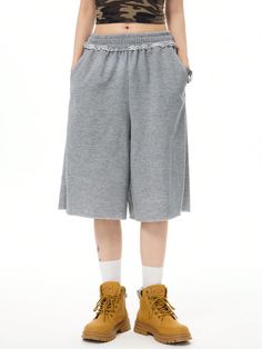 Casual Low-Waist Wide-Leg Shorts With Loose Fit, Street Style Light Grey Casual   Knitted Fabric Plain,Camo Bermuda Non-Stretch  Women Clothing, size features are:Bust: ,Length: ,Sleeve Length: Styles P, Women Shorts, Low Waist, All Fashion, Women Clothing, Knitted Fabric, Light Grey, Back To School, Length Sleeve