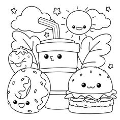 a coloring page with burgers and doughnuts