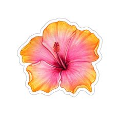 a pink and yellow flower sticker sitting on top of a white surface with an orange center