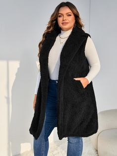 Preto elegante Collar Sem Mangas Flanela Simples Pelúcia Embellished Elasticidade Baixa Outono / Inverno Agasalho plus size Winter Plus Size, Plus Size Coats, Teddy Coat, Fall Winter, Plus Size, Collar, Black