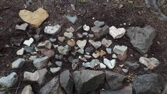 some rocks are laying on the ground and one has a heart shaped rock in it