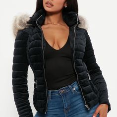 Fashion Nova “Always Ready Velvet Puffer Jacket) Velvet Puffer Jacket, Fashion Nova Jackets, Fur Hood, Rabbit Fur, Faux Fur Jacket, Fur Jacket, Black And Tan, Puffer Jacket, Fashion Nova