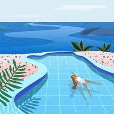 a person swimming in a pool surrounded by plants