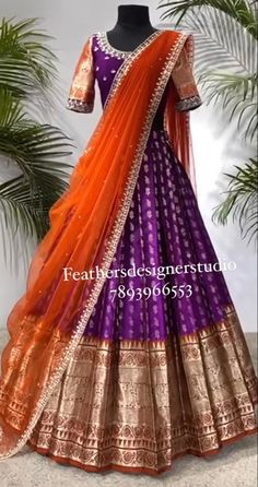 Unique Half Saree Designs, Half Saree Lehenga Purple Colour, Half Saree Simple Traditional, Orange And Purple Lehenga, Blouse Ideas For Half Saree, Orange Half Saree Color Combos, Purple Half Saree South Indian, Half Saree Designs South Indian Pattu, Combination With Purple Lehnga