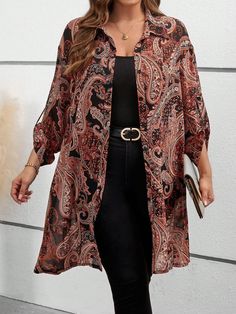 Plus Size Chiffon Printed Open-Front Long Shirt Fall Women Clothes Multicolor Boho  Wrist-Length Sleeve Chiffon Paisley,Plain Shirt Non-Stretch  Women Plus Clothing, size features are:Bust: ,Length: ,Sleeve Length: Chiffon Beach Blouse For Fall, Long Sleeve Chiffon Blouse For The Beach, Casual Open Front Blouse For Fall, Multicolor Long Sleeve Chiffon Blouse, Bohemian Chiffon Tops For Fall, Multicolor Chiffon Long Sleeve Blouse, Bohemian Long Sleeve Chiffon Blouse, Accessory Ideas, Plain Shirt