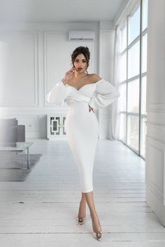 Fabric: Crepe Cotton 75%, Polyester 20%, Elastane 5% Puff sleeves Midi Length Dress length: 120cm/ 47in Skirt length: 90cm/ 35.5in Gala Dresses Classy Midi, White Formal Dress Long Classy, White Dress For Women Classy, White Formal Dress Classy, White Midi Dress With Sleeves, Black And White Dress Classy, Modern Gown, Dress Models