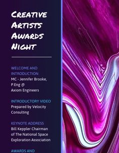 a purple and white cover with the words creative artists awards night