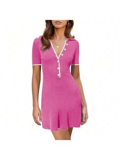 PiePieBuy Womens V Neck Short Sleeve Slim Fit Bodycon Sweater Dress Button Up Ribbed Knit Mini Summer Dresses Pink Casual  Short Sleeve  Colorblock,Plain    Women Clothing, size features are:Bust: ,Length: ,Sleeve Length: Fitted V-neck Sweater Dress With Buttons, Fitted Sweater Dress With Button Closure For Spring, Spring Knee-length Sweater Dress With Buttons, Pink V-neck Mini Dress With Buttons, Casual Fitted Sweater Dress With Buttons, Summer Dresses Pink, Mini Summer Dresses, Bodycon Sweater, Bodycon Sweater Dress