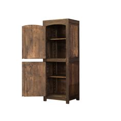 a wooden cabinet with two doors and shelves