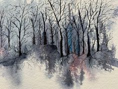 watercolor painting of trees in the snow