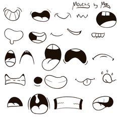 various cartoon faces drawn in black and white with the words mouth by me on them