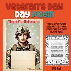 the veterans day poem is written in red, white and blue colors with an image of a soldier holding a sign