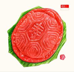 a drawing of a red piece of food on top of a green leafy surface