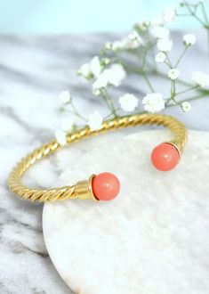 Gold Open Cuff Bracelet Coral Pearl Gold Bracelet Orange | Etsy Coral Bangle Bracelet As Gift, Pearl Gold Bracelet, Gold Pearl Bracelet, Gold Cuff Bracelet, Bracelet Christmas, Open Cuff Bracelet, Coral Bracelet, Gold Bracelet Cuff, Christmas Gift For Her