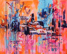 an abstract painting of a race car in orange and pink colors with drops of paint on it