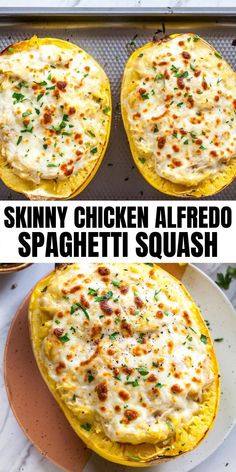 an overhead view of three baked spaghetti dishes on a baking sheet, with the text skinnyy chicken alfredo spaghetti squash