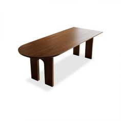 an oval shaped table with two legs and a wooden top, on a white background