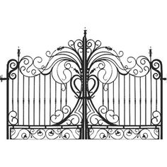 an iron gate with scrolly designs on the top and bottom, is shown against a white background