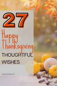 happy thanksgiving greeting card with pumpkins and fall leaves in front of an autumn background