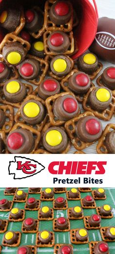 chocolate pretzel bites are arranged on a football field