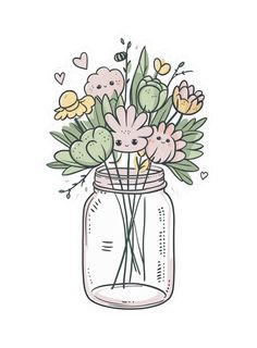 a mason jar filled with flowers and hearts