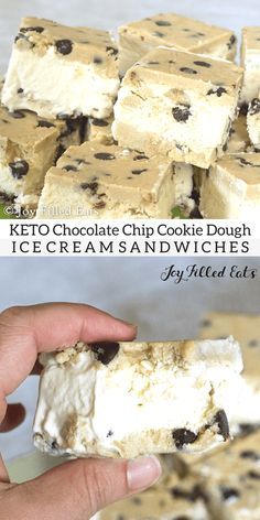 two pictures showing different types of ice creams and chocolate chip cookie dough bars with text overlay that says keto chocolate chip cookie dough ice cream sandwiches