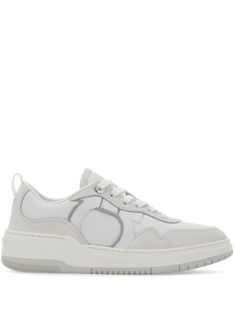 optical white leather Gancini print logo patch to the side suede panelling pull-tab at the heel embossed logo to the rear logo-debossed tongue round toe front lace-up fastening branded leather insole flat rubber sole Flip Flop, White Leather Sneakers, Chic Leather, Mens Gloves, Leather Cap, Sneaker Heels, Sneakers White, Lanvin, Shoulder Handbags