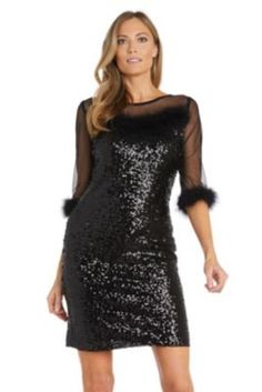 An illusional reality at cocktail time | R & M Richards Short Sequin Sheeting Dress With Illusion Neckline And Sleeve With Marabou Feather Trim, Black Sequin Sheath Dress, Feather Trim, Illusion Neckline, Sequin Dress, Sheath Dress, Midi Length, New Dress, Length Sleeve, Sequin