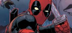 a deadpool character holding a knife in front of an evil demon and other characters