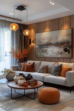 a living room filled with lots of furniture next to a large painting on the wall