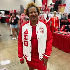 Unisex size -Nylon Material -Custom Lining -Embroidered Applique Logos -See Size Chart Below White Embroidered Outerwear For College, Spring Embroidered Crew Neck Outerwear, White Embroidered Crew Neck Outerwear, Delta Sigma Theta Denim Jacket, Fitted Red Embroidered Outerwear, Delta Sigma Theta Jersey, Delta Sigma Theta Patches, Delta Sigma Theta Coats & Jackets, Bomber Jacket