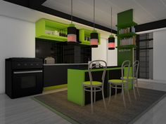 a green and black kitchen with chairs around the table, an oven in the background